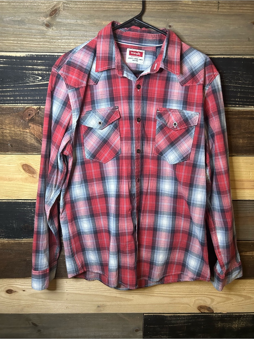 Wrangler Red, Blue and White Plaid Long Sleeve Shirt